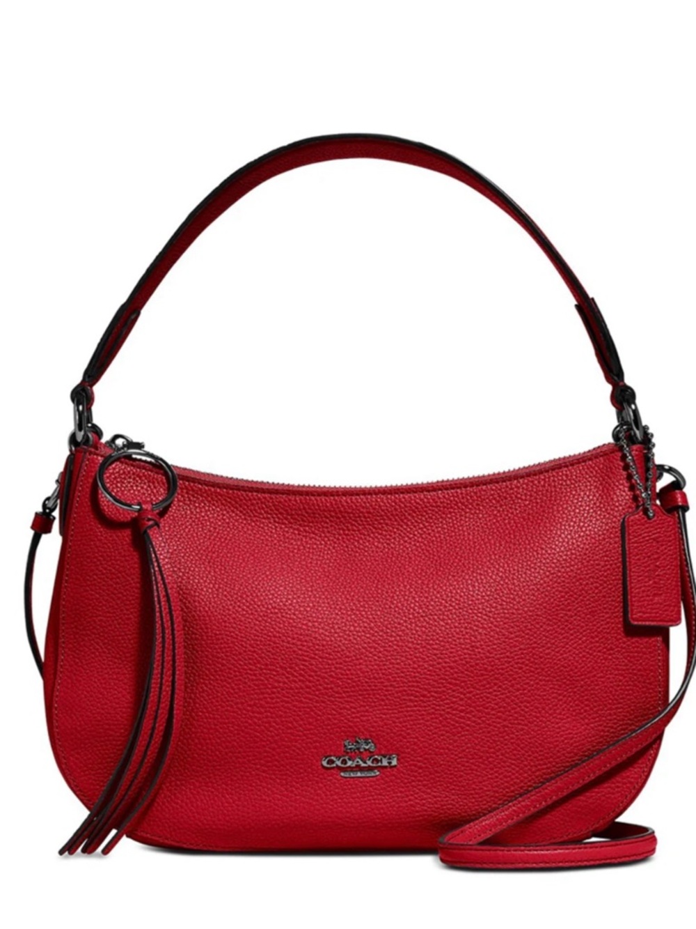 Coach Vibrant Red Pebbled Leather Shoulder Bag with Tassel